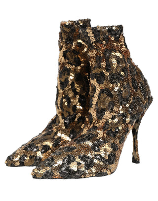 Gold Leopard Sequin Sock Ankle Boots Shoes