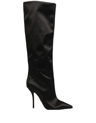Black Satin Knee High Stiletto Boots Shoes