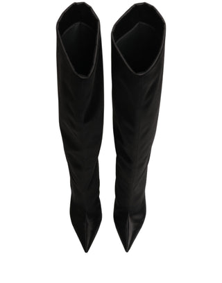 Black Satin Knee High Stiletto Boots Shoes