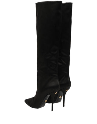 Black Satin Knee High Stiletto Boots Shoes