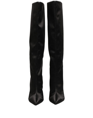 Black Satin Knee High Stiletto Boots Shoes