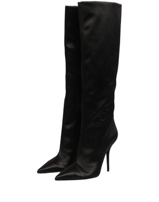 Black Satin Knee High Stiletto Boots Shoes