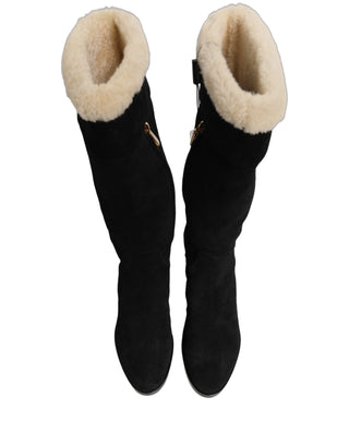 Suede Leather Knee High Boots Black