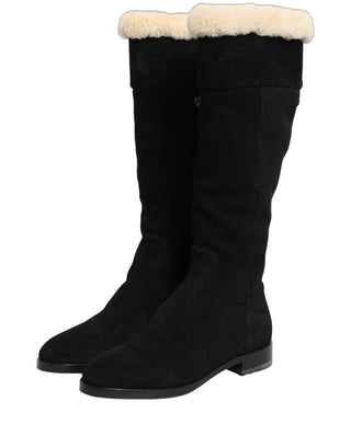 Suede Leather Knee High Boots Black