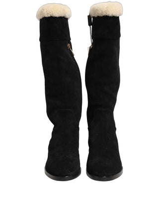 Suede Leather Knee High Boots Black