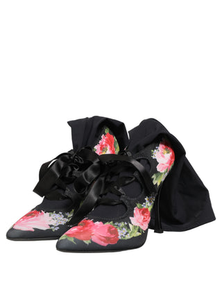 Black Floral Stiletto Mid Calf Boots Shoes