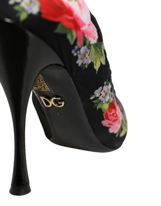 Black Floral Stiletto Mid Calf Boots Shoes