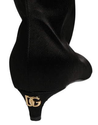 Black Satin Knee High Kitten Boots Shoes