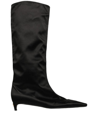 Black Satin Knee High Kitten Boots Shoes
