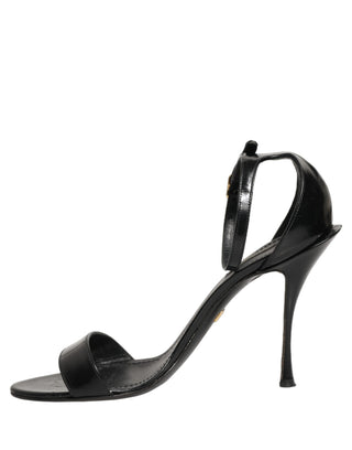 Black Leather Ankle Strap Heels Sandals Shoes