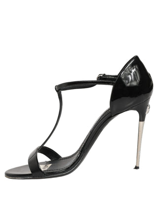 Black Leather T-strap Heels Sandals Shoes
