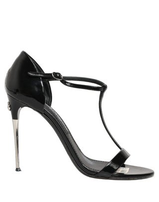 Black Leather T-strap Heels Sandals Shoes