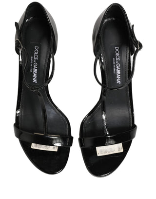 Black Leather T-strap Heels Sandals Shoes
