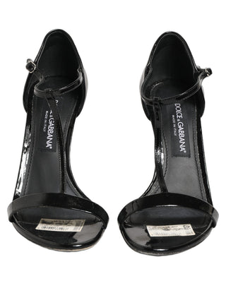 Black Leather T-strap Heels Sandals Shoes