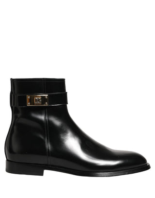 Black Leather Logo Buckle Mid Calf Boots Shoes