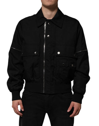 Black Nylon Full Zip Blouson Bomber Jacket