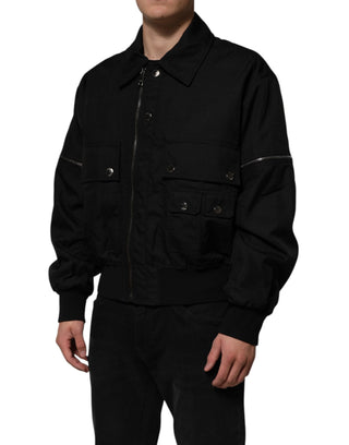 Black Nylon Full Zip Blouson Bomber Jacket