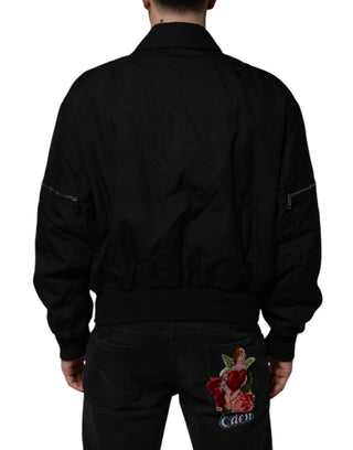 Black Nylon Full Zip Blouson Bomber Jacket