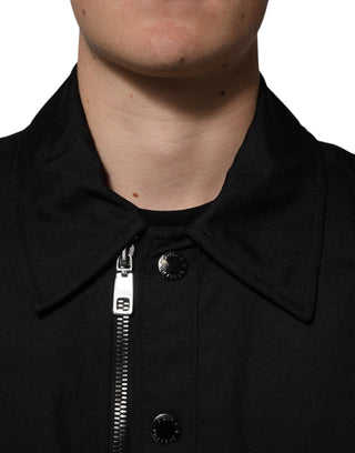 Black Nylon Full Zip Blouson Bomber Jacket