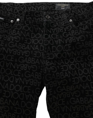 Black Logo Monogram Cotton Slim Denim Jeans