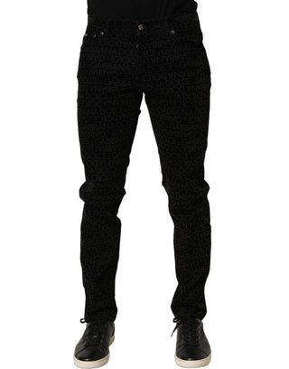 Black Logo Monogram Cotton Slim Denim Jeans