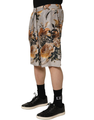 Beige Floral Print Silk Men Bermuda Shorts
