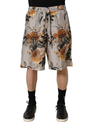 Beige Floral Print Silk Men Bermuda Shorts