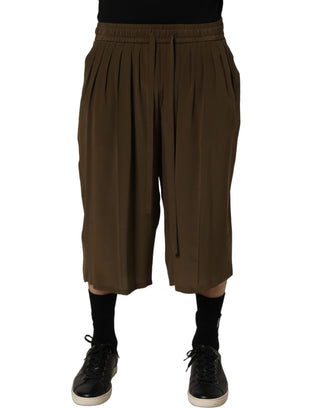 Brown Silk Mid Waist Pleated Bermuda Shorts
