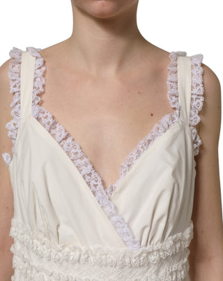 White Cotton Poplin Ruffled Midi Dress