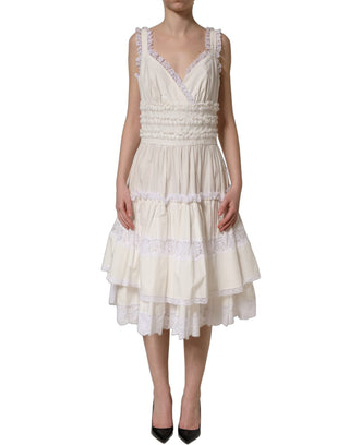 White Cotton Poplin Ruffled Midi Dress