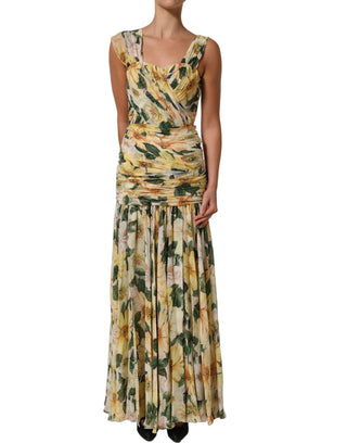 Yellow Floral Print Silk Pleated Maxi Dress