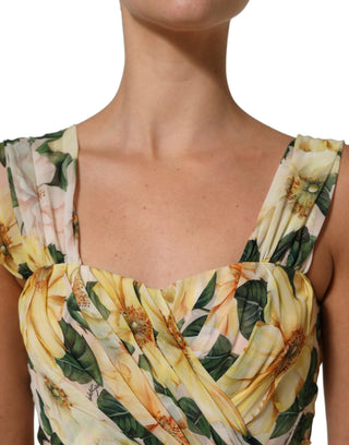 Yellow Floral Print Silk Pleated Maxi Dress