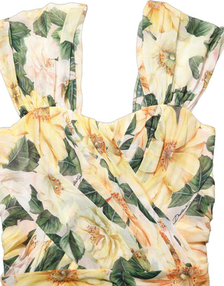 Yellow Floral Print Silk Pleated Maxi Dress
