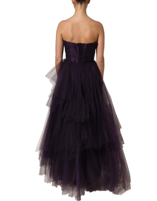 Vestido largo de gala de seda con tul en capas morado