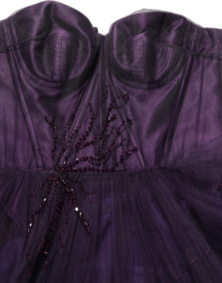 Vestido largo de gala de seda con tul en capas morado