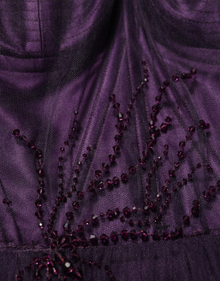 Vestido largo de gala de seda con tul en capas morado