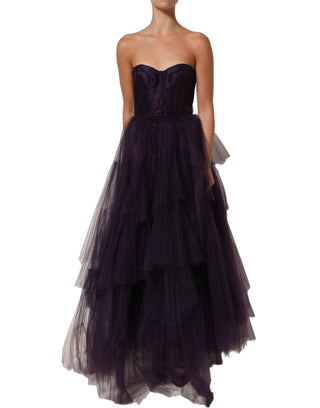 Purple Tiered Tulle Silk Long Gown Dress
