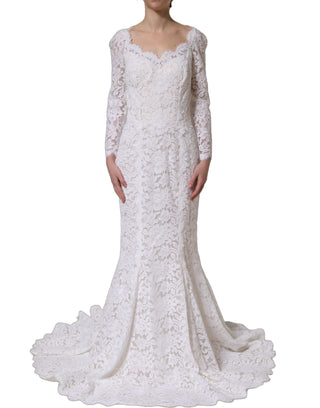 Vestido largo de gala sirena con encaje floral blanco