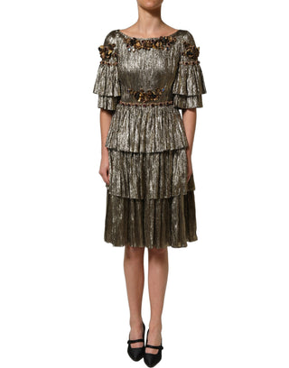 Metallic Gold Embellished Tiered Midi Dress