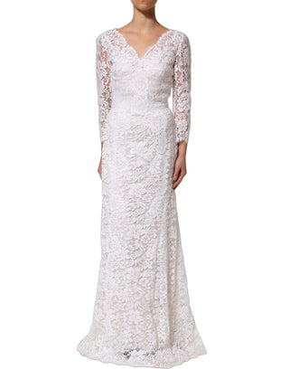 Vestido largo de gala de algodón blanco con encaje floral