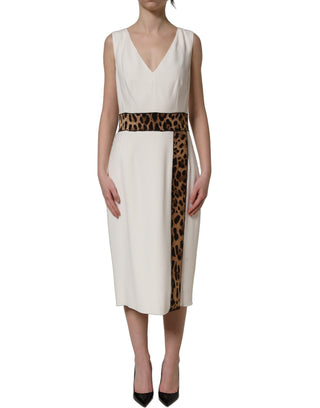 White Leopard Sleeveless Sheath Midi Dress