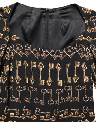 Black Key Print Long Sleeves Sheath Midi Dress