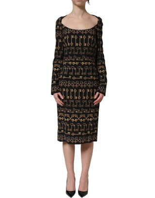 Black Key Print Long Sleeves Sheath Midi Dress
