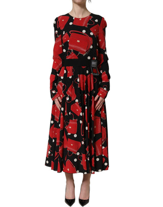 Black Handbag Print Long Sleeve Midi Dress