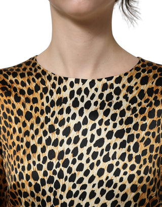 Vestido mini de manga larga con estampado de ocelote marrón