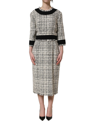Multicolor Bouclé Tweed Frayed Trim Midi Dress