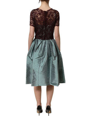 Multicolor Floral Lace Taffeta Pleated Midi Dress