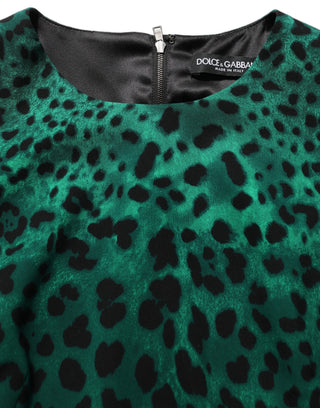 Green Leopard Print Silk Knee Length Dress