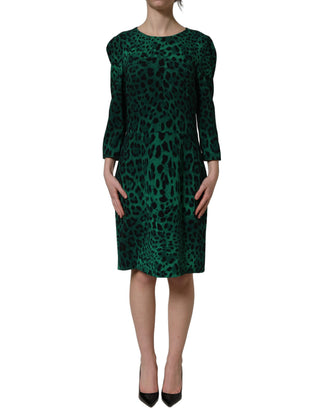 Green Leopard Print Silk Knee Length Dress