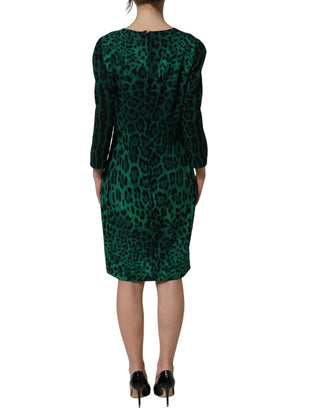 Green Leopard Print Silk Knee Length Dress